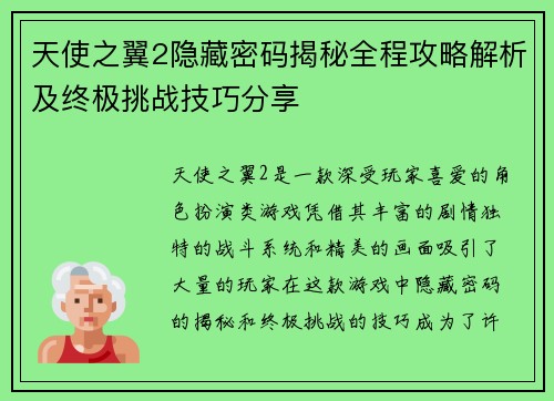 天使之翼2隐藏密码揭秘全程攻略解析及终极挑战技巧分享