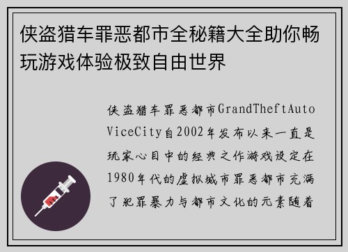 侠盗猎车罪恶都市全秘籍大全助你畅玩游戏体验极致自由世界